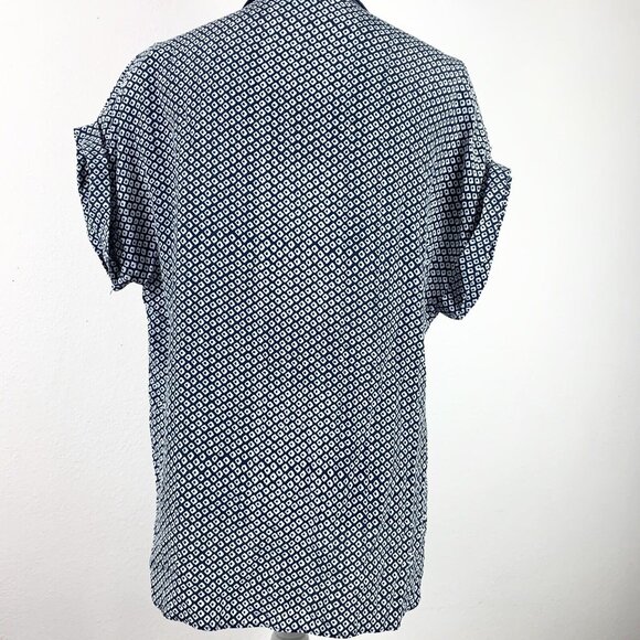 The Podolls Size Medium Top Silk Blouse V Neck Short Dolman Sleeve Blue White - Picture 2 of 4